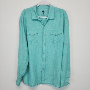 Ocean & Coast Linen Shirt Mens XL Blue Button Up Pocket Roll Tab Sleeve Beachy